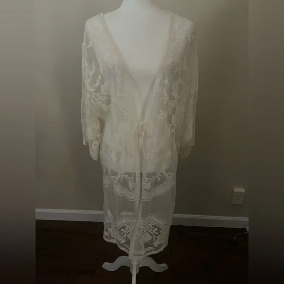 Floral lace cardigan kimono crochet embroidery cream white beach bikini cover-up - Picture 5 of 6